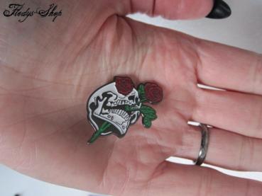 Anstecker Pin "Totenkopf mit Rose" Metall Button