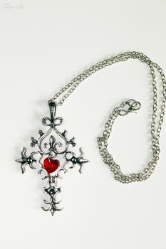Halskette Kreuz mit rotem Herz Vintage Stil