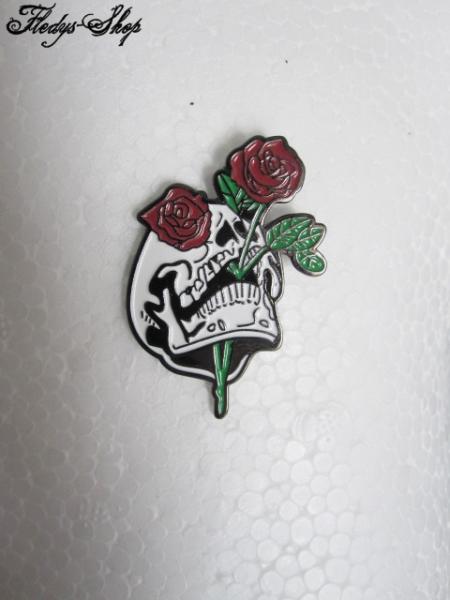 Anstecker Pin "Totenkopf mit Rose" Metall Button