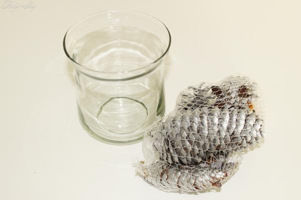 Tannenzapfen Holz Mix silber mit Glas-Vase